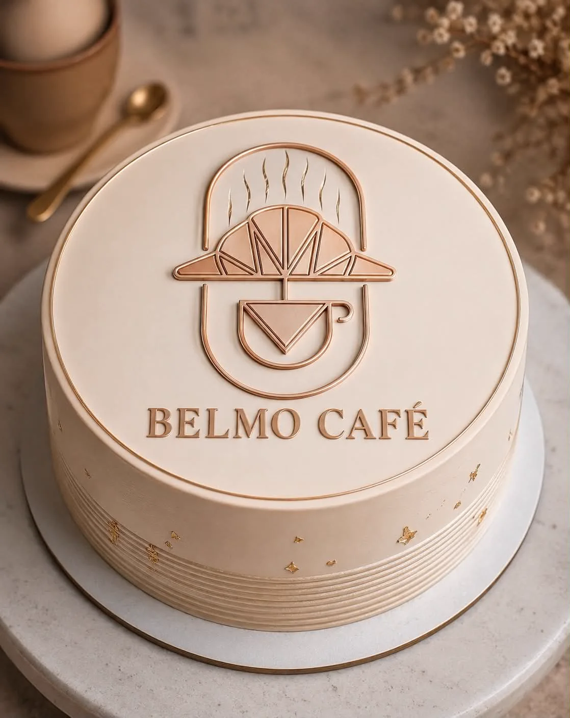 Custom Belmo Café cake with the brand logo piped on top