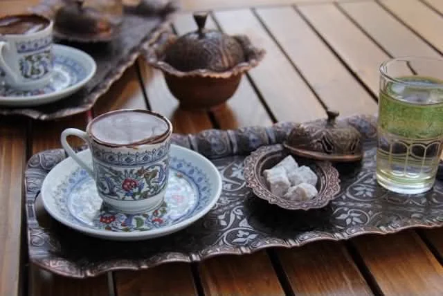 Turkish coffee and Turkish delight served on an ornate tray